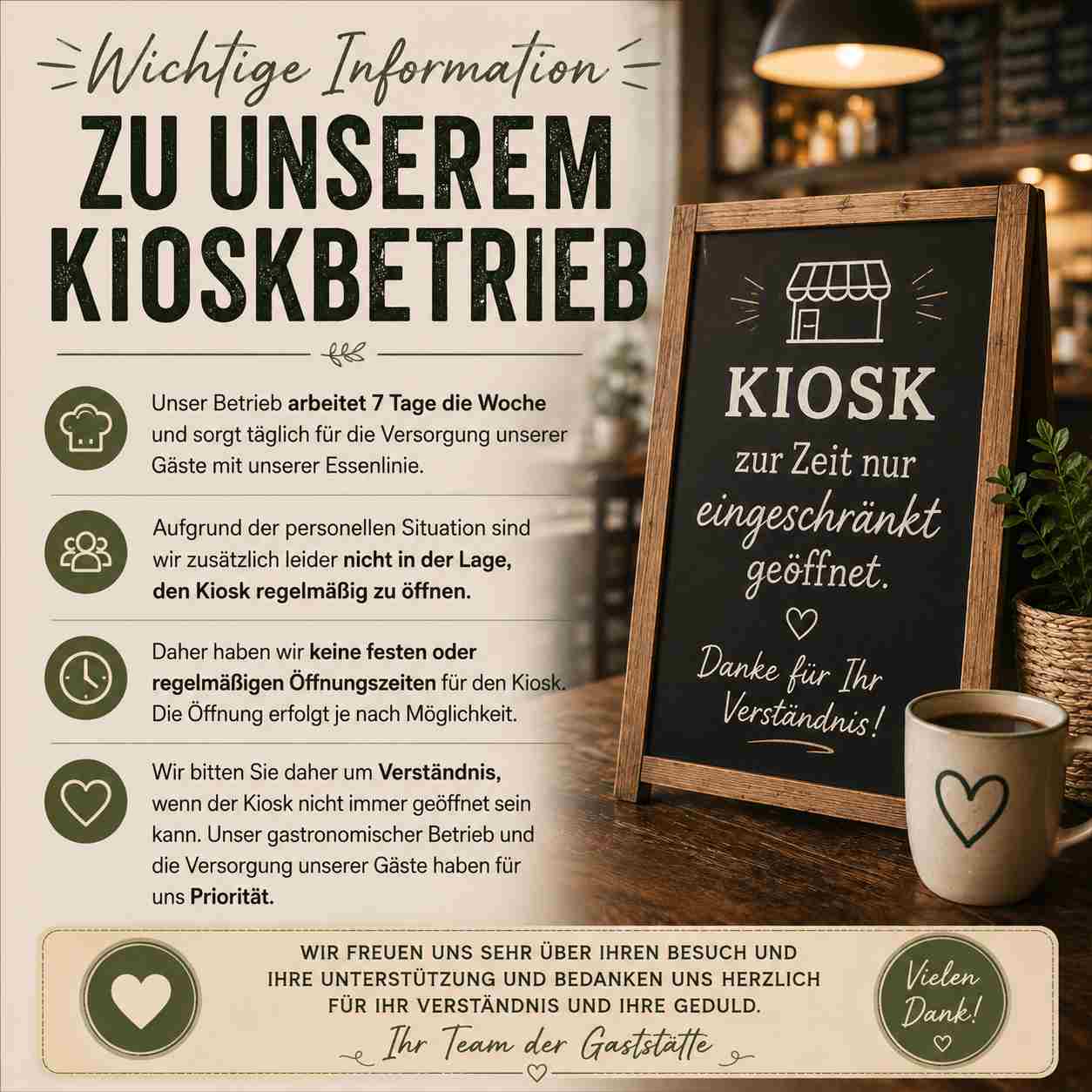 Kioskbetrieb eingeschränkt – Gaststätte Zum Schwimmbad